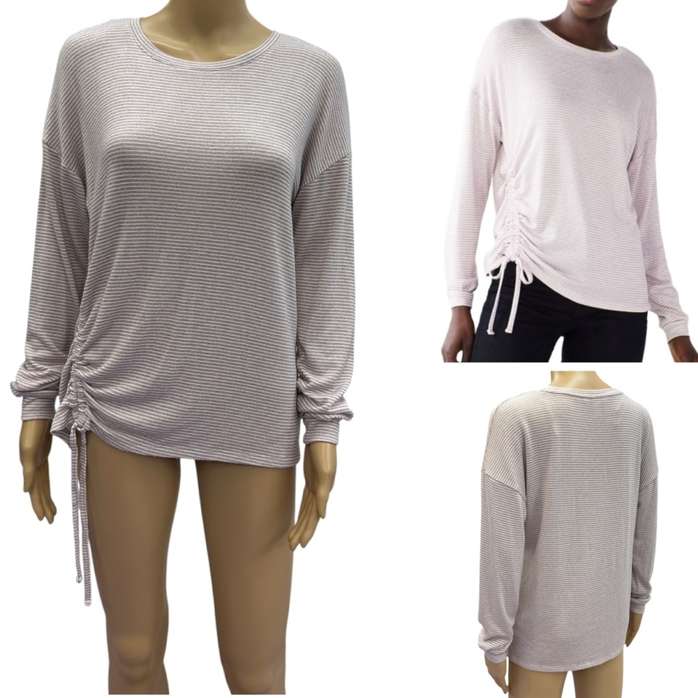 Nine West Long Sleeve Side Ruched Drop Shoulder Lavender Striped Soft Top XS